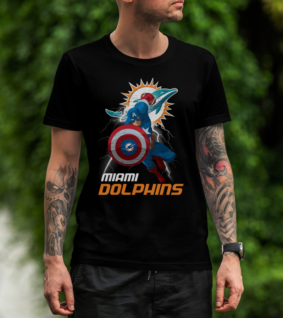 Captain America Miami Dolphins Nfl Lightning Action T-Shirt