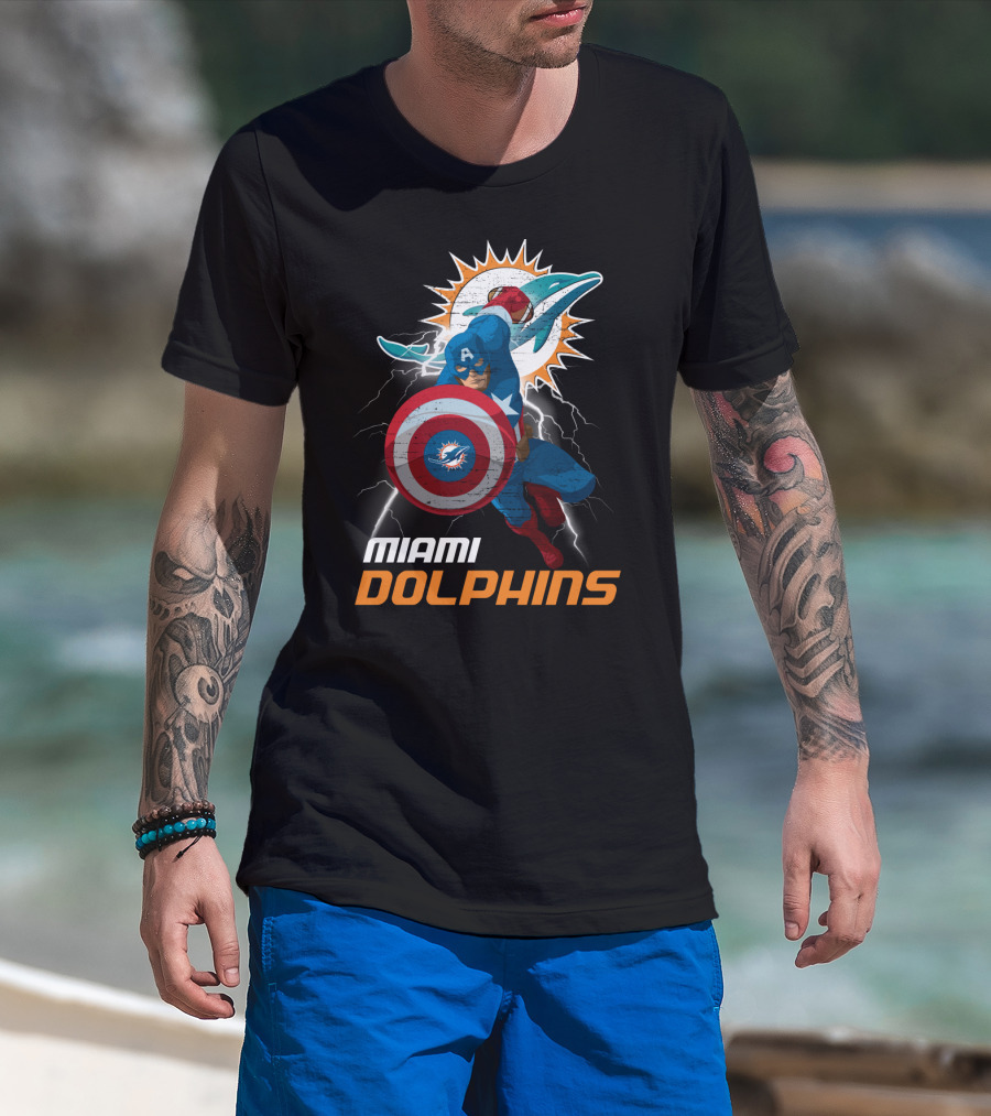 Captain America Miami Dolphins Nfl Lightning Action T-Shirt