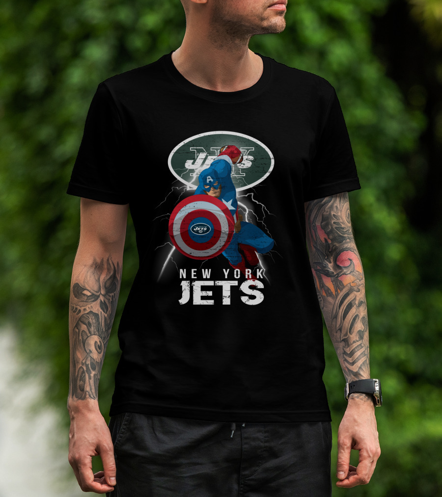 Captain America New York Jets Nfl Lightning Shield T-Shirt