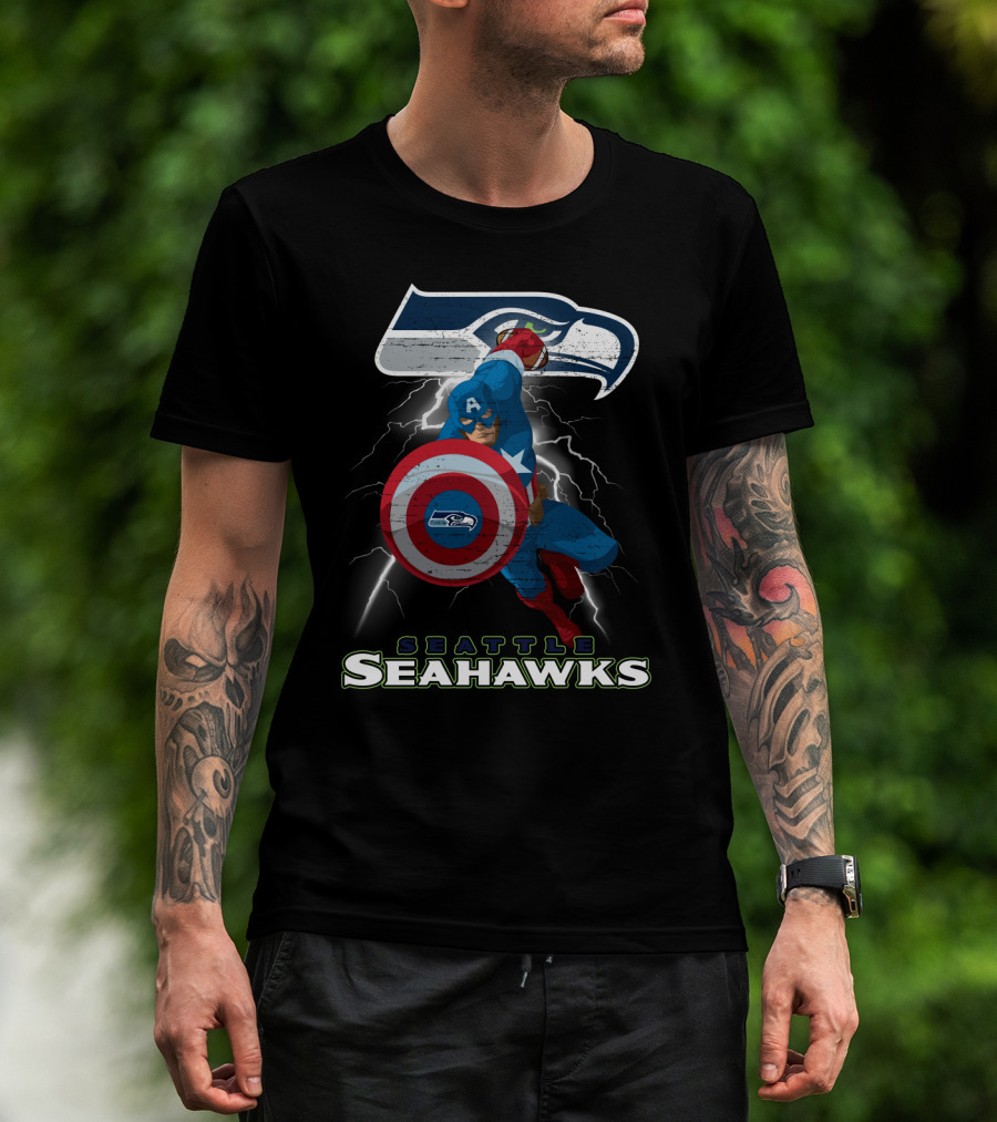 Captain America Seattle Seahawks Nfl Football Crossover Superhero Logo Lightning T-Shirt