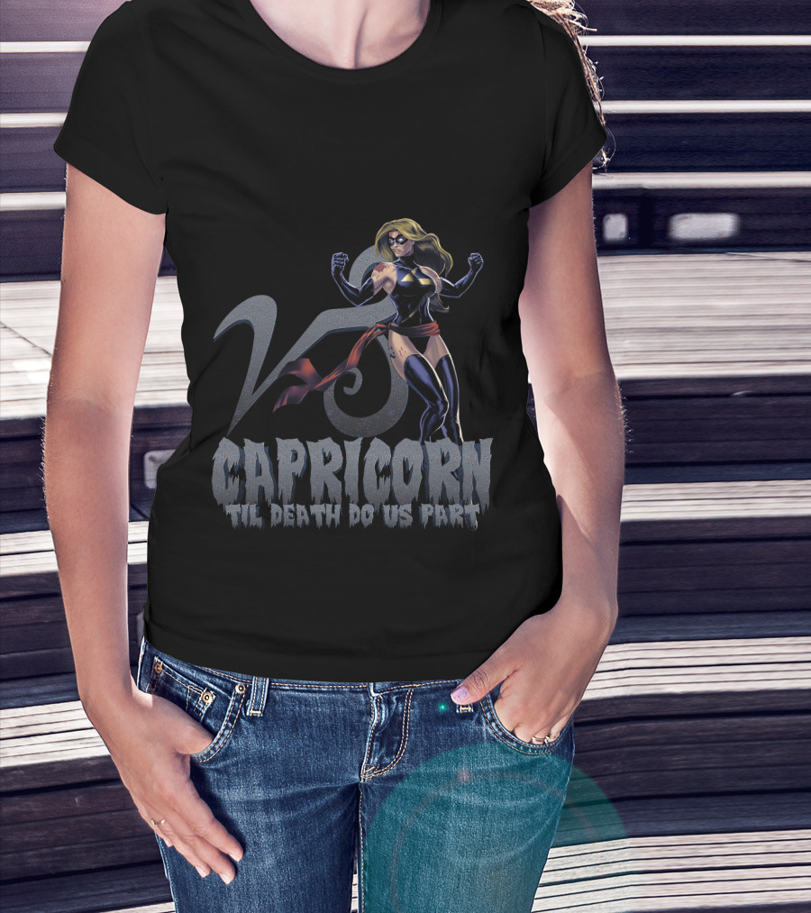 Capricorn Symbol With Captain Marvel Pose Til Death Do Us Part For Marvel Fans T-Shirt