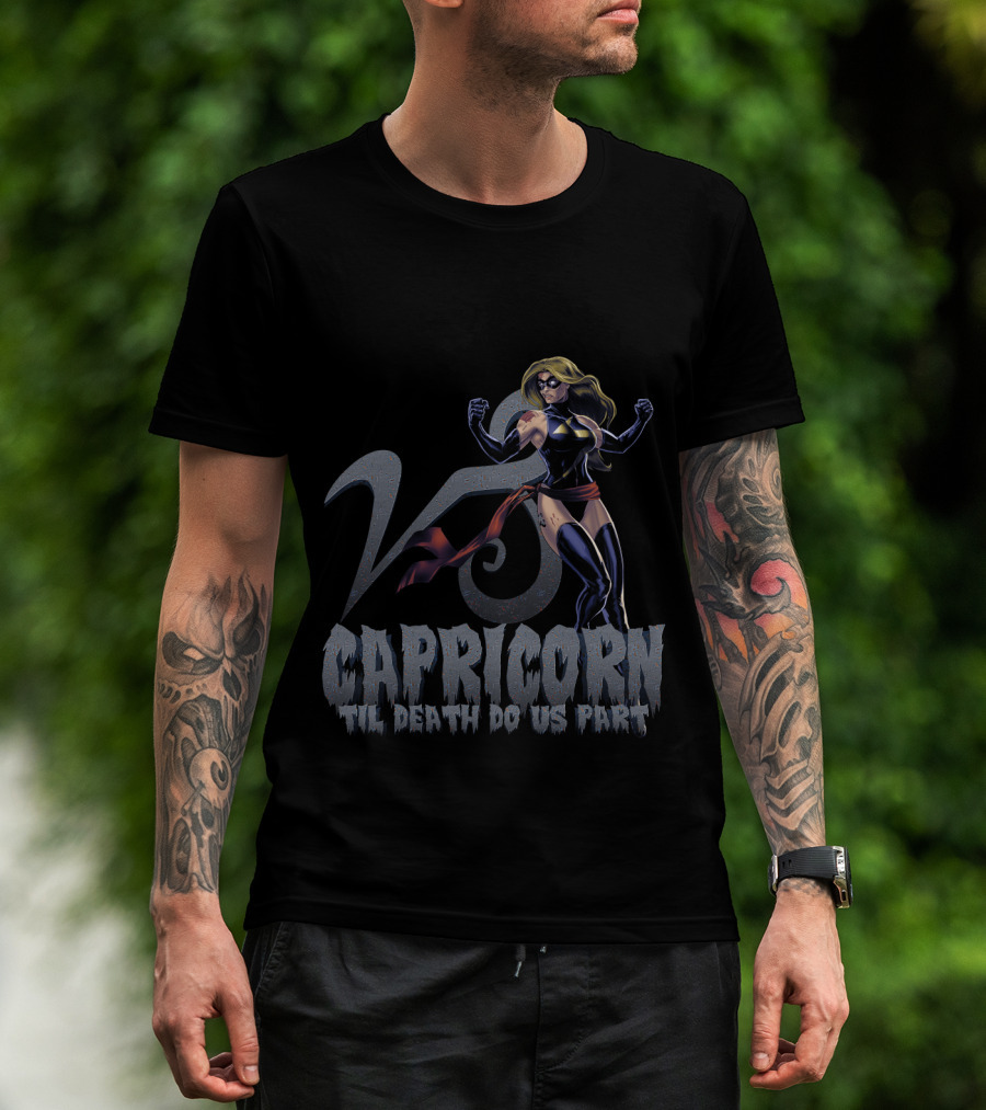 Capricorn Symbol With Captain Marvel Pose Til Death Do Us Part For Marvel Fans T-Shirt
