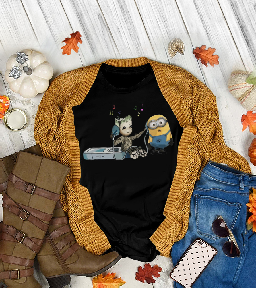 Groot and Minion Sharing Music with Headphones and Music Notes T-Shirt