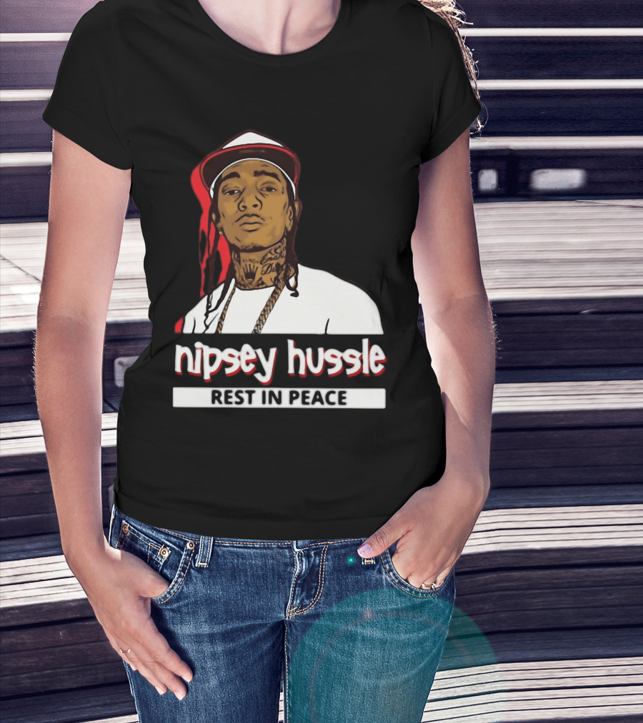 Nipsey Hussle Rest In Peace Black And White Portrait With Red Highlight T-Shirt