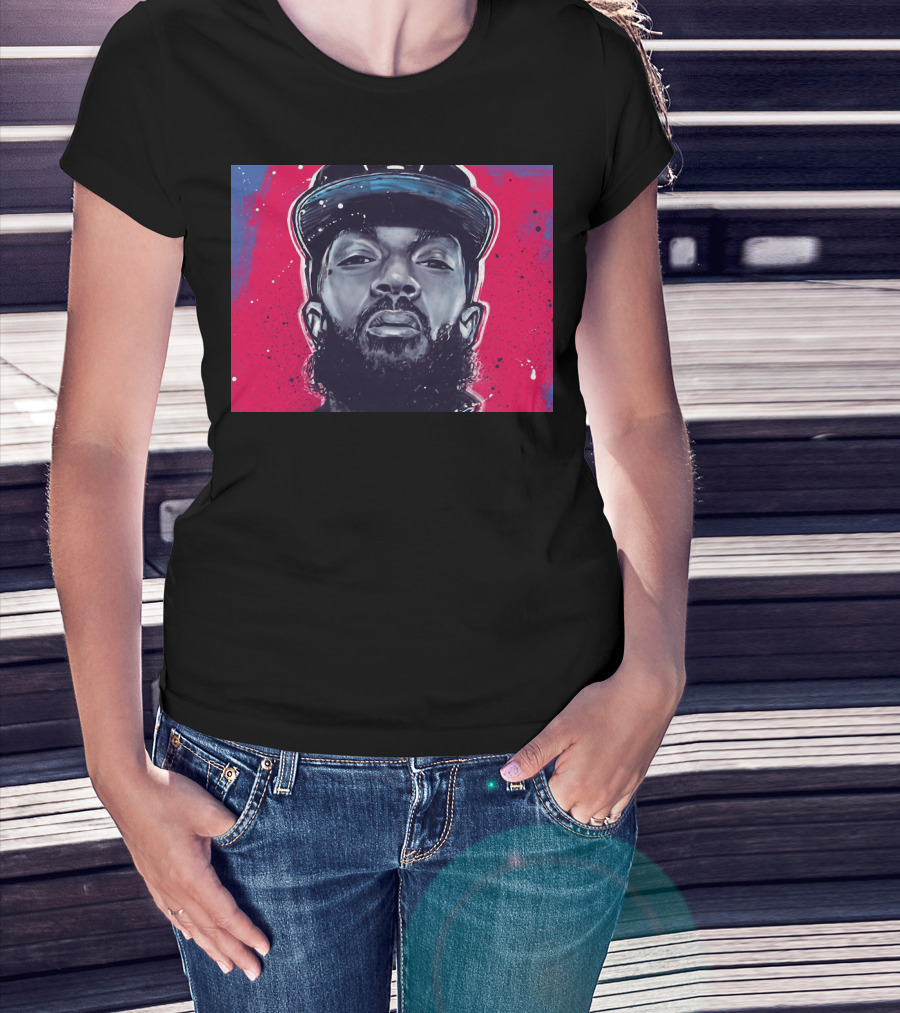 Nipsey Hussle Bold Street Style Portrait With Cap And Vibrant Red Blue T-Shirt
