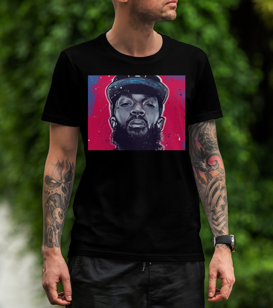 Nipsey Hussle Bold Street Style Portrait With Cap And Vibrant Red Blue T-Shirt