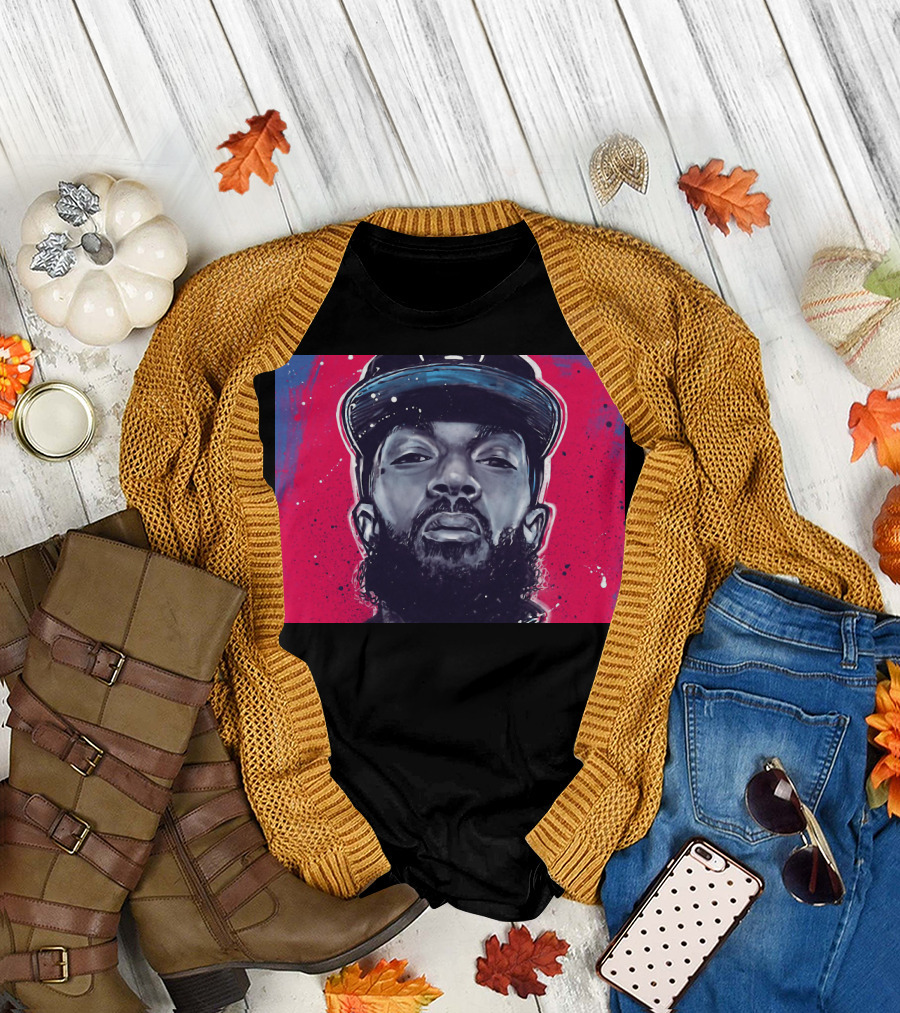 Nipsey Hussle Bold Street Style Portrait With Cap And Vibrant Red Blue T-Shirt