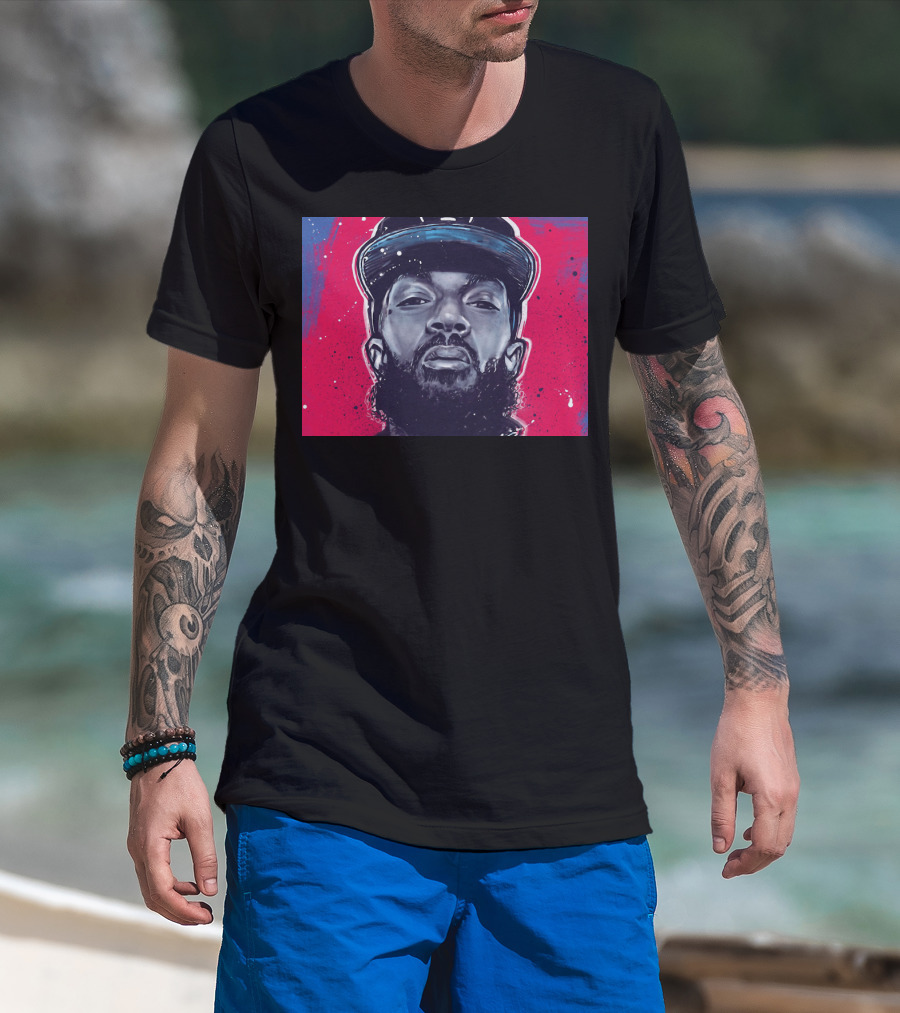 Nipsey Hussle Bold Street Style Portrait With Cap And Vibrant Red Blue T-Shirt