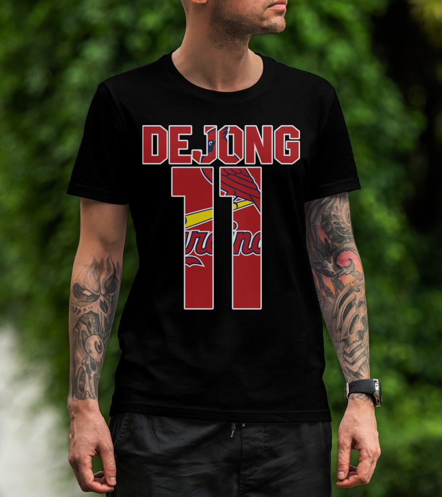 St. Louis Cardinals DeJong 11 Logo With Cardinals Text And Bird T-Shirt