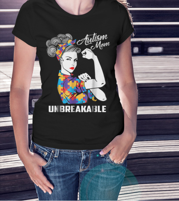 Unbreakable Autism Mom With Puzzle Pattern Retro Rosie The Riveter T-Shirt