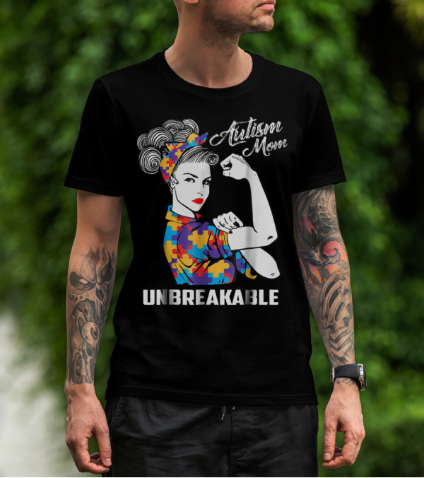 Unbreakable Autism Mom With Puzzle Pattern Retro Rosie The Riveter T-Shirt