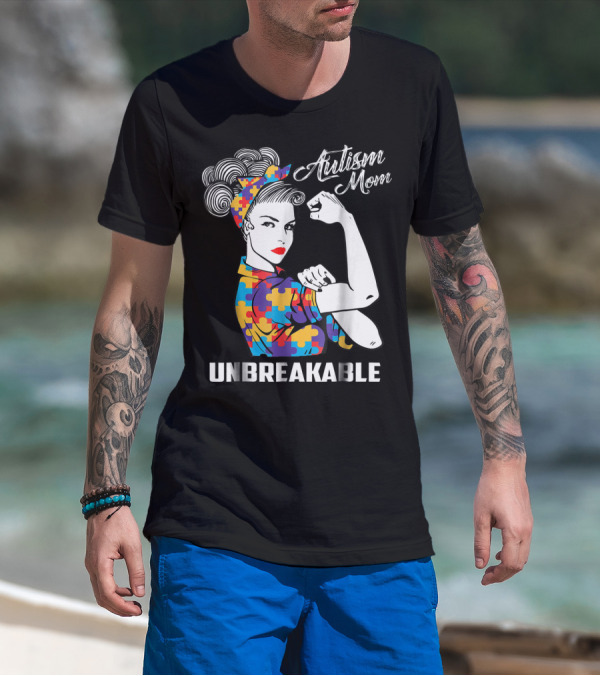Unbreakable Autism Mom With Puzzle Pattern Retro Rosie The Riveter T-Shirt