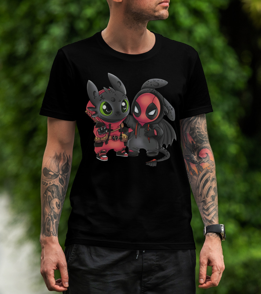 Baby Toothless And Deadpool Mashup Crossover Featuring Cute Duo With Iconic Red And Black Costume Elements T-Shirt