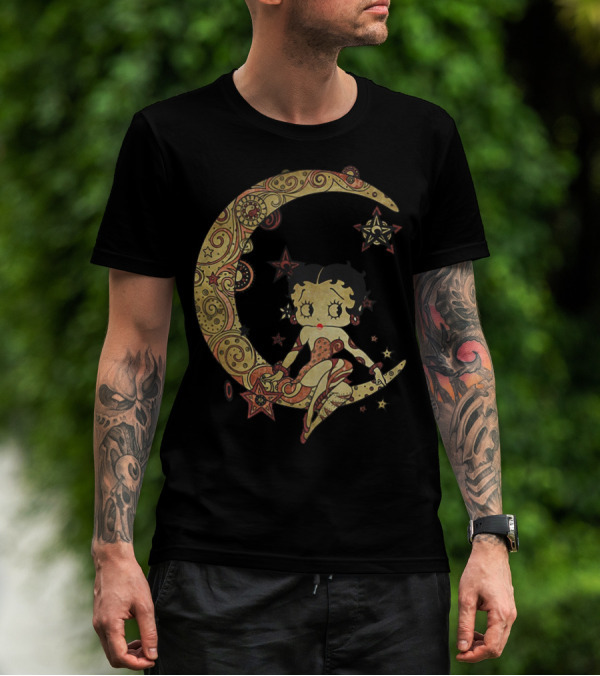 Betty Boop Sitting On Ornate Crescent Moon With Stars T-Shirt