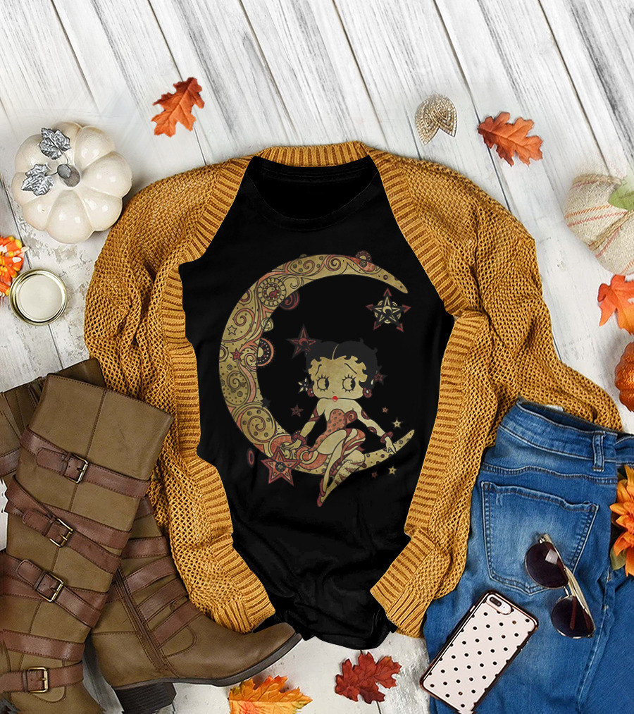 Betty Boop Sitting On Ornate Crescent Moon With Stars T-Shirt