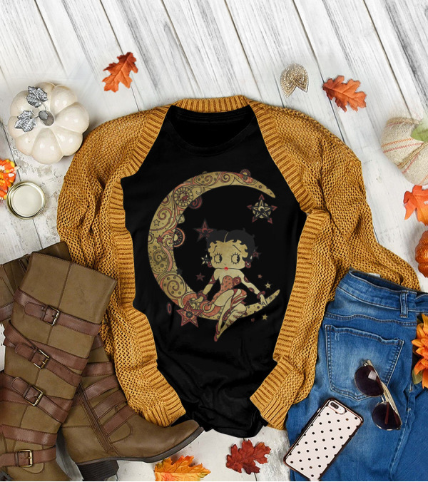 Betty Boop Sitting On Ornate Crescent Moon With Stars T-Shirt