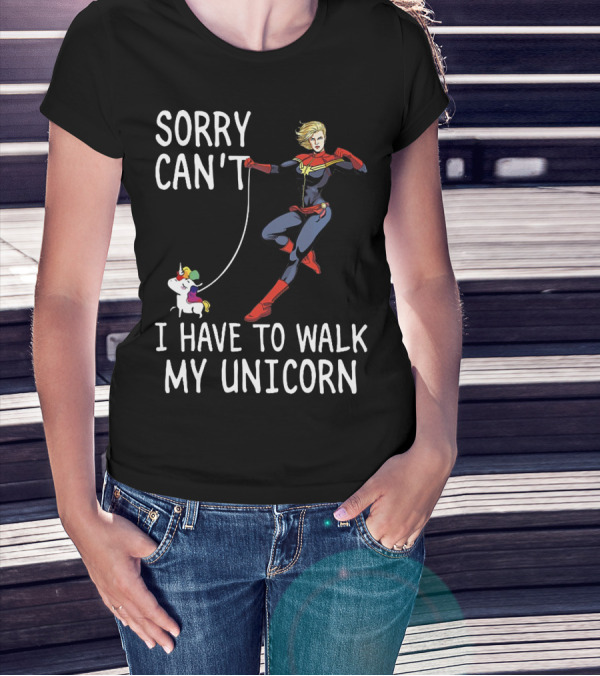 Captain Marvel Sorry Can't I Have To Walk My Unicorn T-Shirt