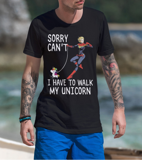 Captain Marvel Sorry Can't I Have To Walk My Unicorn T-Shirt