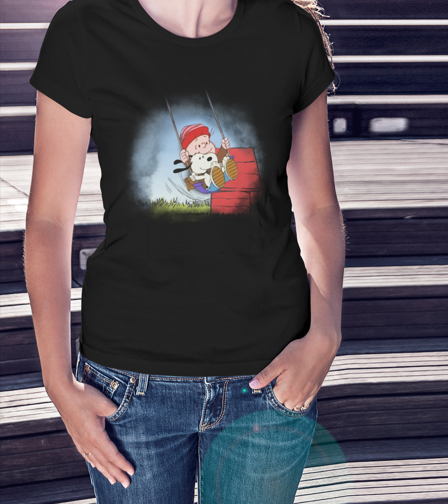 Charlie Brown And Snoopy Swinging On Doghouse T-Shirt