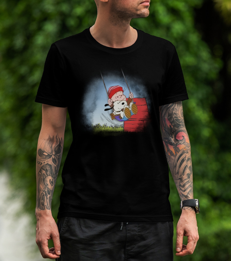Charlie Brown And Snoopy Swinging On Doghouse T-Shirt