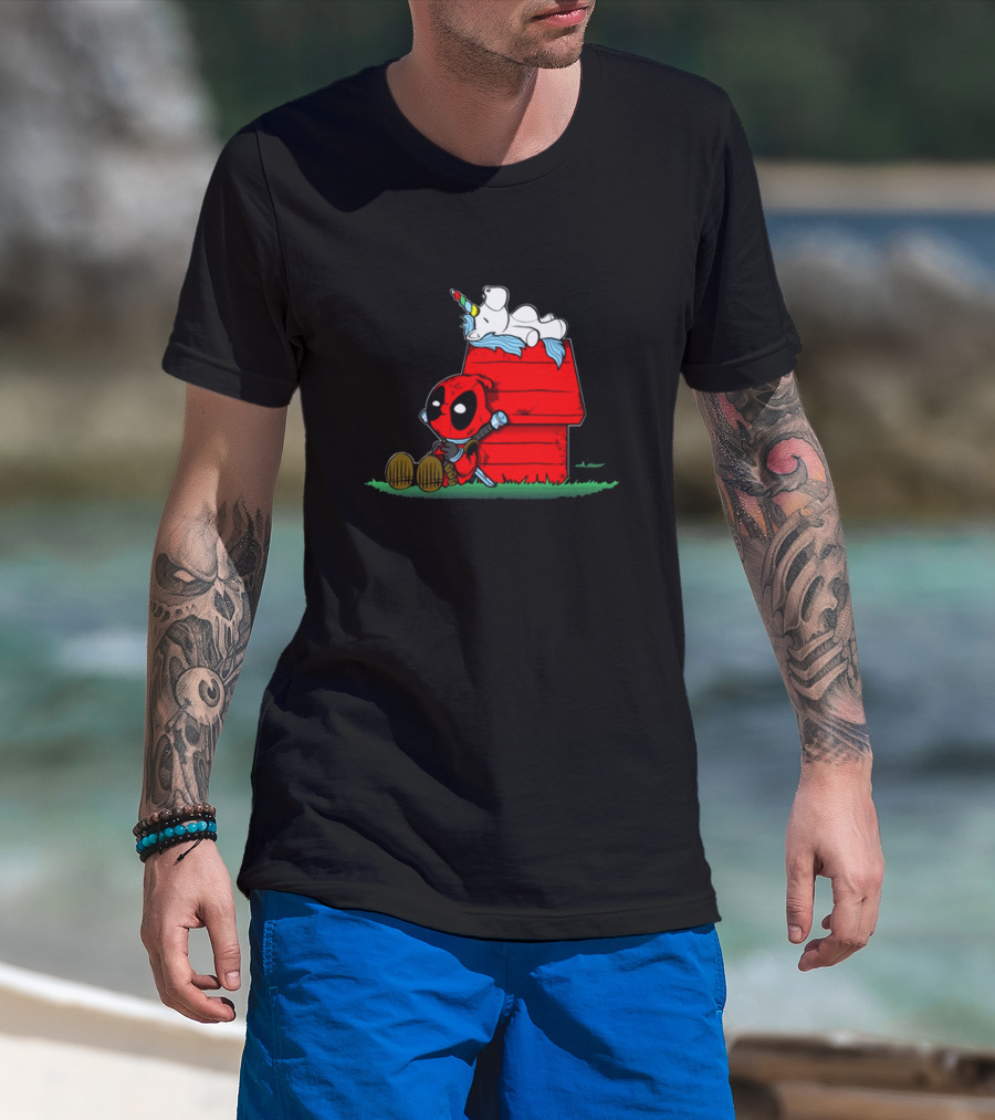 Deadpool And Snoopy Unicorn Crossover On Doghouse With Red And Black Accents T-Shirt