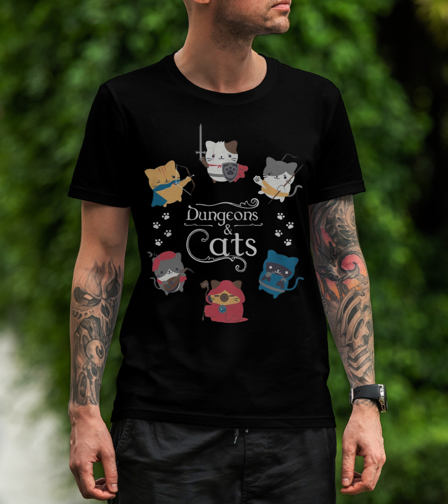 Dungeons And Cats Warrior Archer Mage Cats With Paw Prints Fantasy Adventure T-Shirt