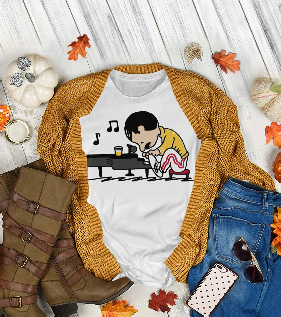 Freddie Mercury Peanuts Piano with Yellow Jacket and Red Stripe Pants T-Shirt