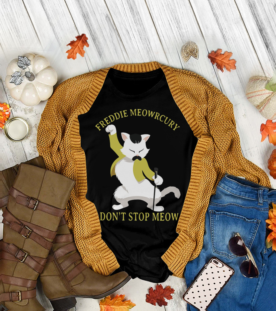 Freddie Meowrcury Don’t Stop Meow Funny Cat Parody with Iconic Pose and Yellow Jacket T-Shirt