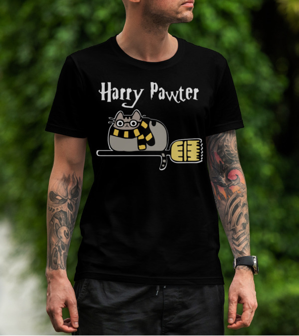 Harry Pawter Pusheen Cat On Broom With Scarf T-Shirt