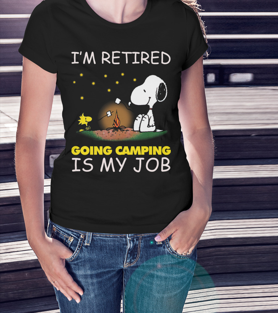 I’m Retired Going Camping Is My Job Snoopy And Woodstock Campfire Scene T-Shirt