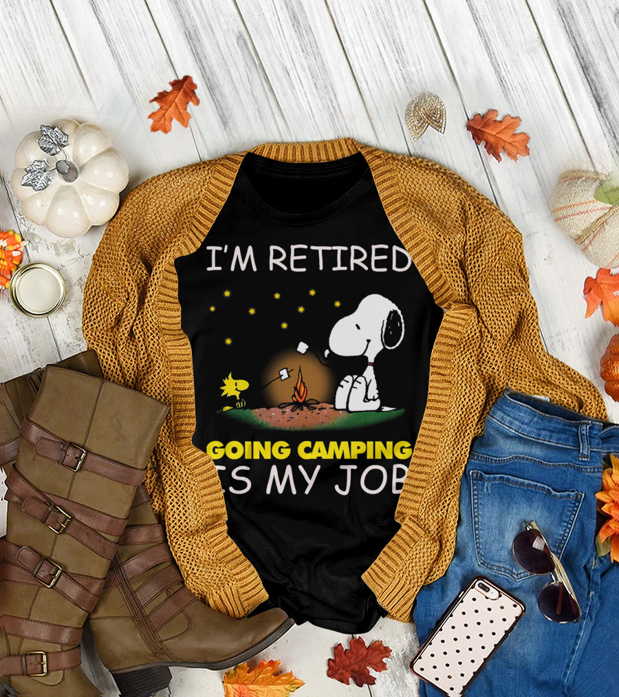 I’m Retired Going Camping Is My Job Snoopy And Woodstock Campfire Scene T-Shirt