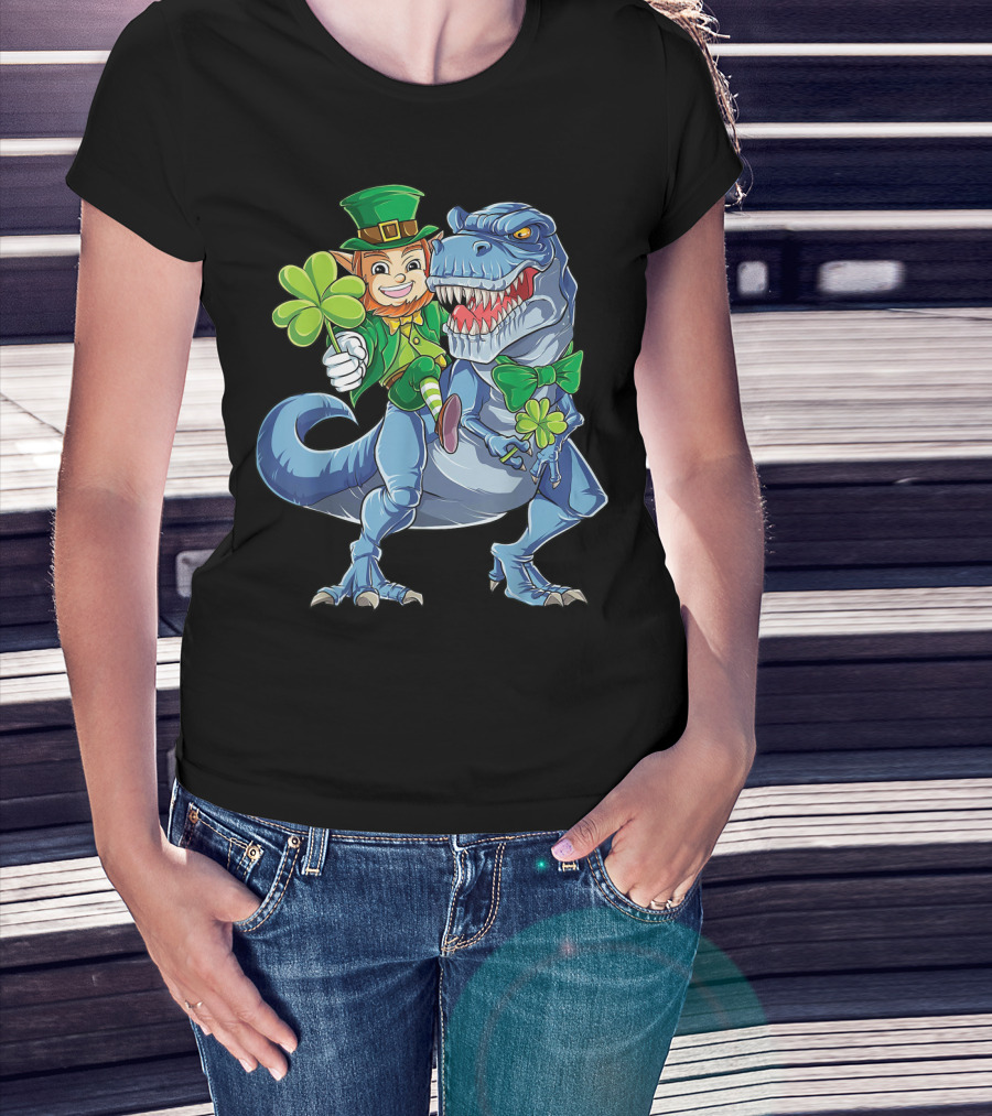 Leprechaun With Shamrock And Bowtie Riding T-Rex Dinosaur T-Shirt