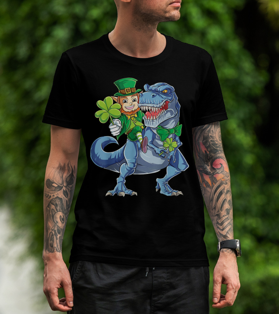 Leprechaun With Shamrock And Bowtie Riding T-Rex Dinosaur T-Shirt