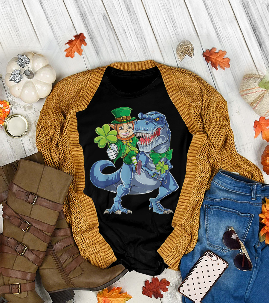 Leprechaun with Shamrock and Bowtie Riding T-Rex Dinosaur T-Shirt