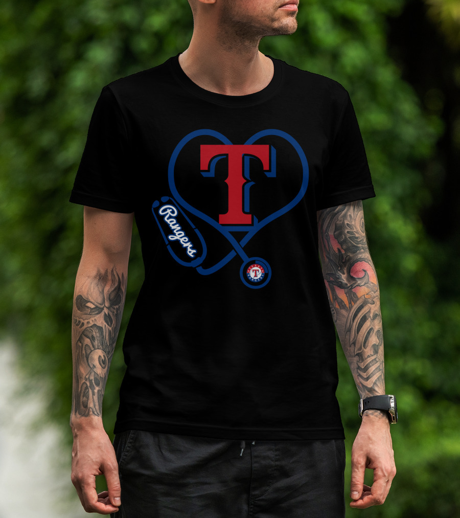 Nurse Heartbeat Texas Rangers Fans T Logo Stethoscope T-Shirt