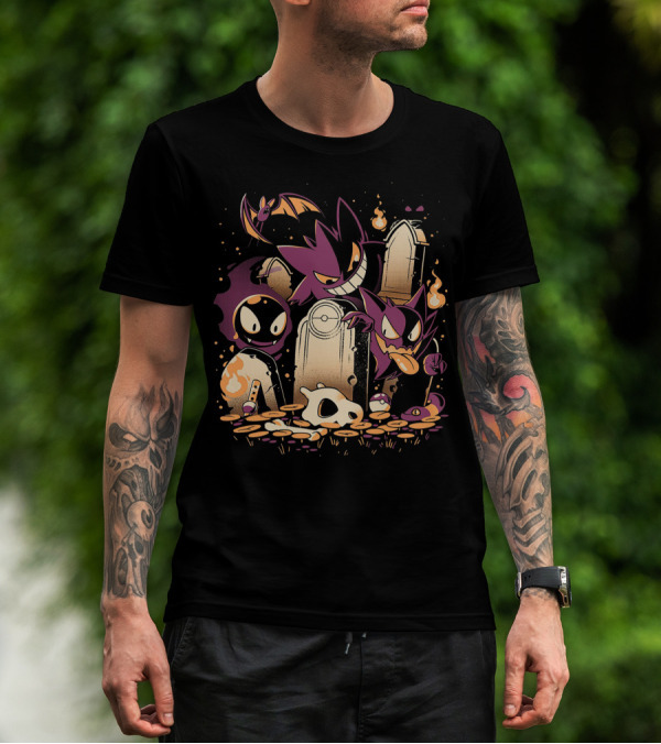 Pokemon Gastly Haunter Gengar Spooky Graveyard Scene With Fire And Skull T-Shirt