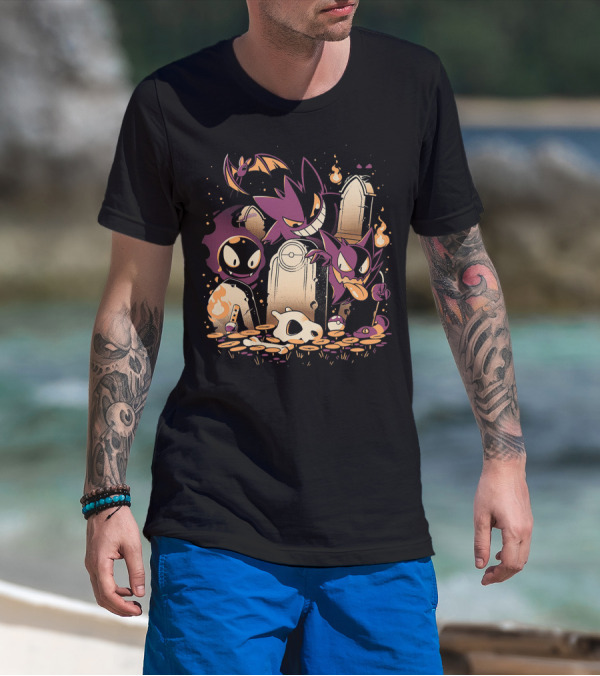 Pokemon Gastly Haunter Gengar Spooky Graveyard Scene With Fire And Skull T-Shirt