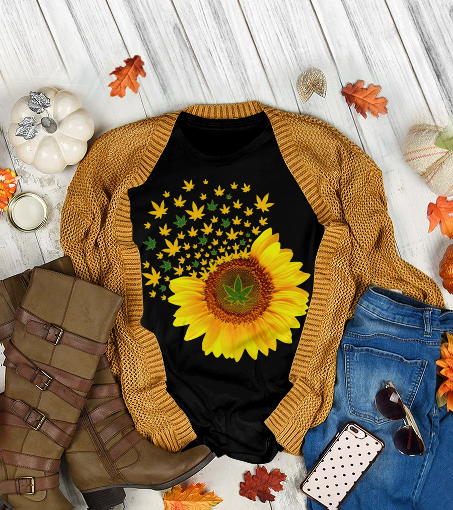Sunflower With Dispersing Yellow and Green Weed Leaves T-Shirt