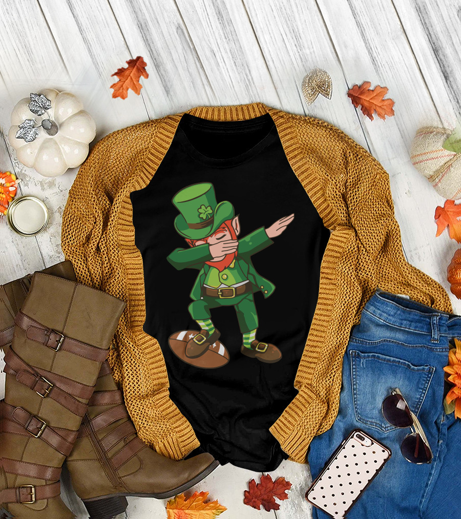 Leprechaun Dabbing on Football with Clover Hat T-Shirt