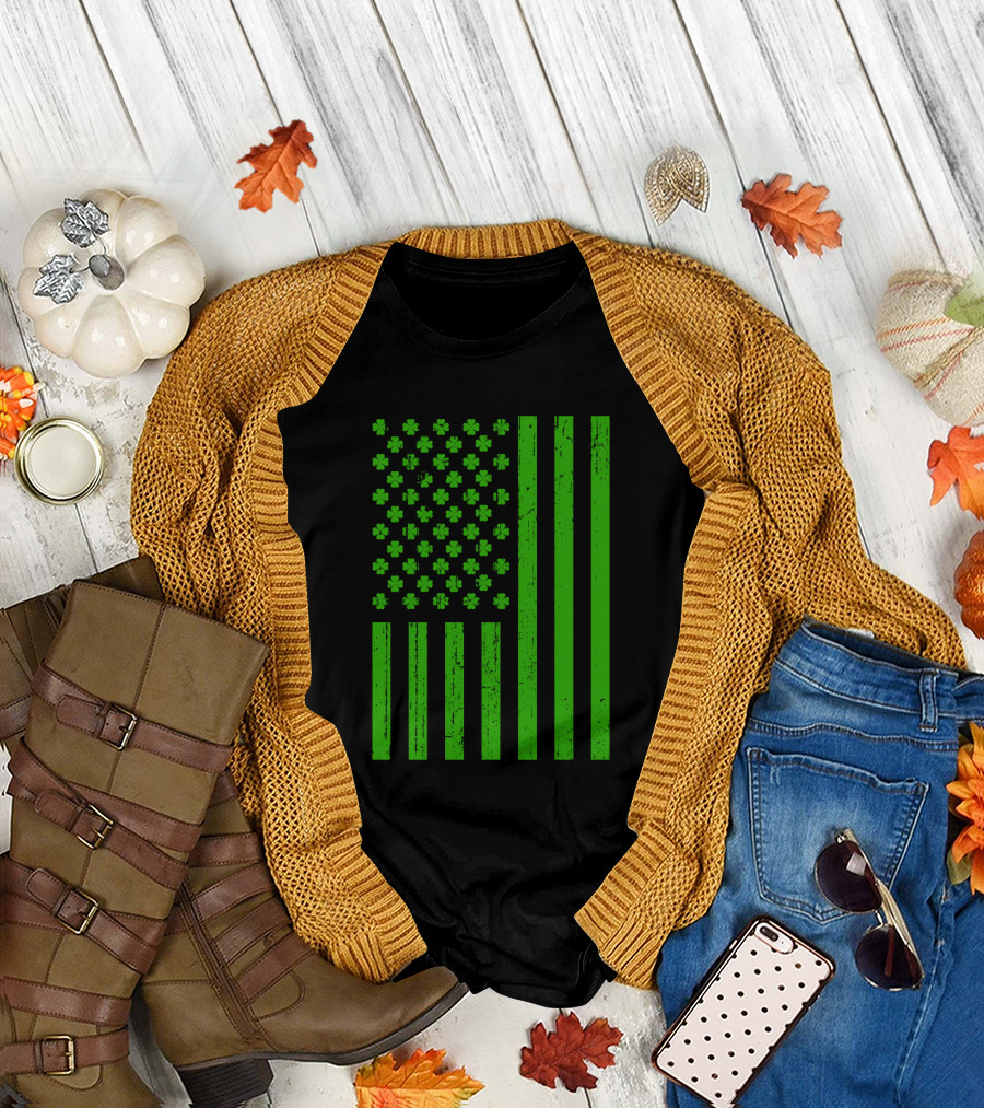 Happy St. Patrick's Day Shamrock American Flag Irish T-Shirt