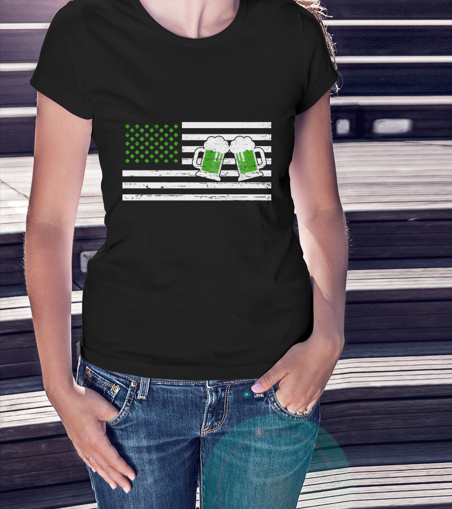 Happy Patrick's Day American Flag With Green Shamrocks And Beer Mugs T-Shirt