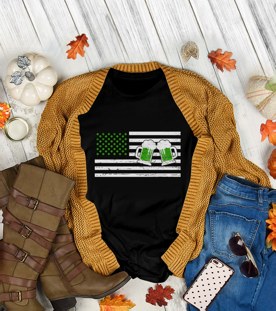Happy Patrick's Day American Flag With Green Shamrocks And Beer Mugs T-Shirt