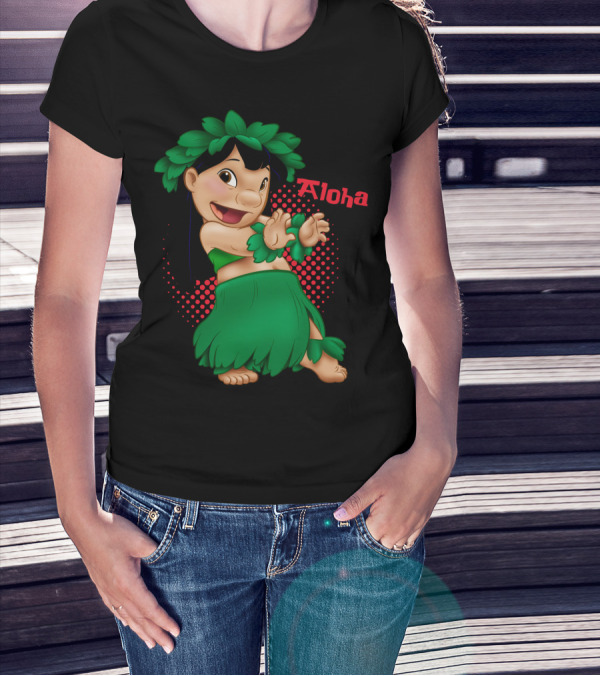 Lilo And Stitch Aloha Lilo Green Hula Dance With Red Polka Dot Background T-Shirt