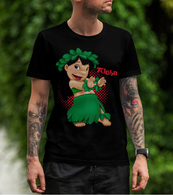 Lilo And Stitch Aloha Lilo Green Hula Dance With Red Polka Dot Background T-Shirt