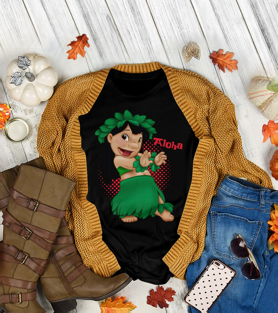 Lilo and Stitch Aloha Lilo Green Hula Dance with Red Polka Dot Background T-Shirt