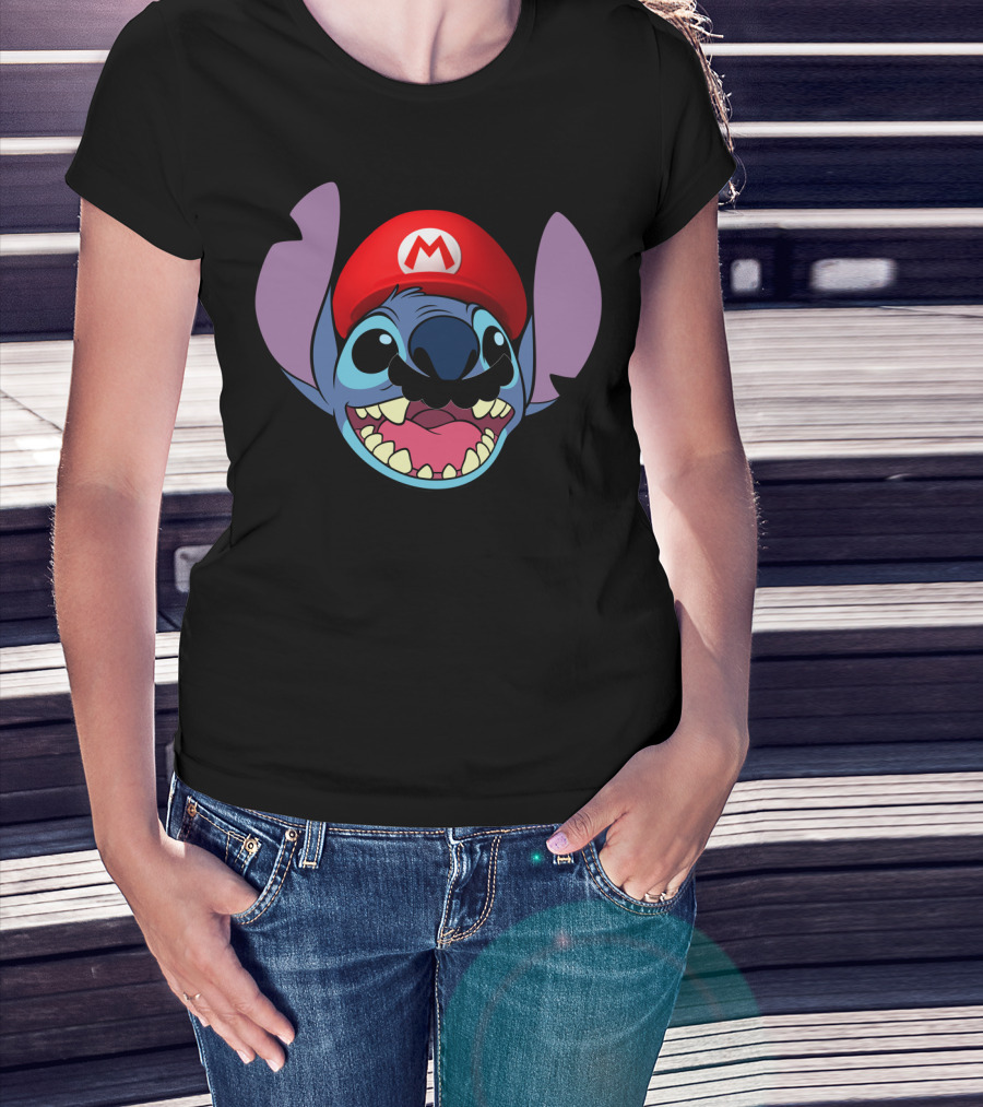 Stitch Wearing Mario Hat And Mustache Cartoon Crossover T-Shirt