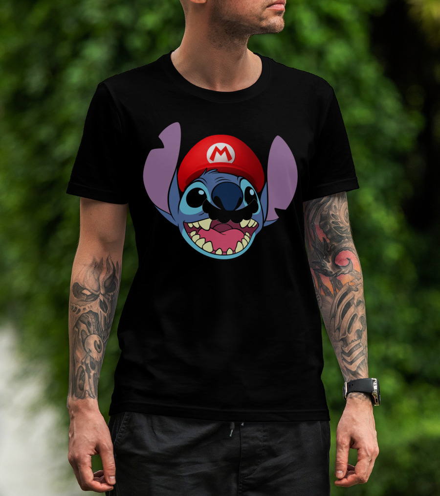 Stitch Wearing Mario Hat And Mustache Cartoon Crossover T-Shirt
