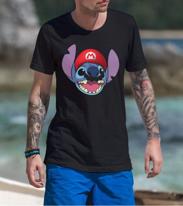 Stitch Wearing Mario Hat And Mustache Cartoon Crossover T-Shirt