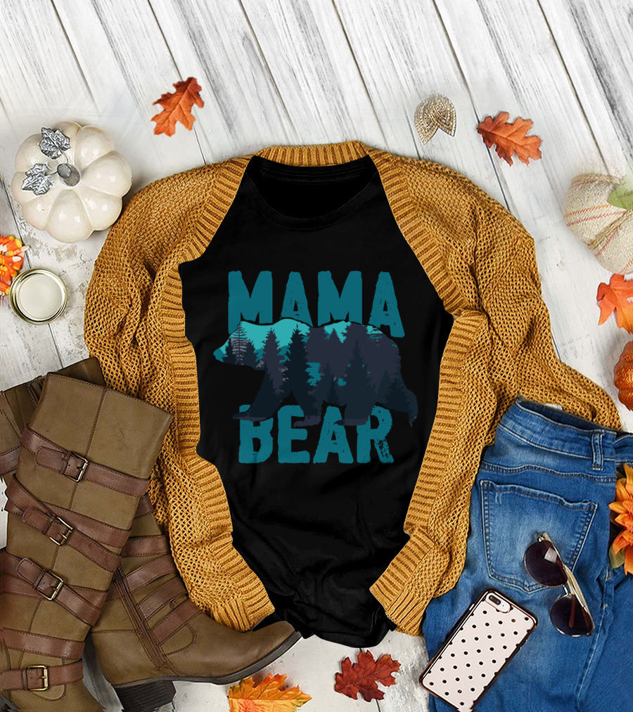 Mama Bear Silhouette with Mountain and Forest Scene T-Shirt