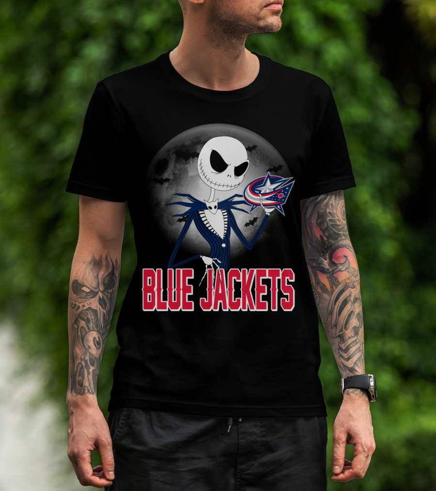 Jack Skellington Columbus Blue Jackets Halloween Fan Logo Moon Background T-Shirt
